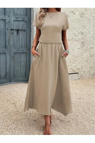 The İstanbul Kadın Kısa Kollu Bisiklet Yaka Bluz Etekli Ithal Keten Ikili Takım Bej