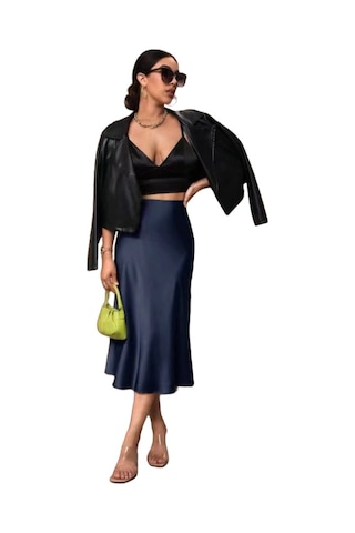 Kadın Saten Kalça Balık Etek Koyu Mavi