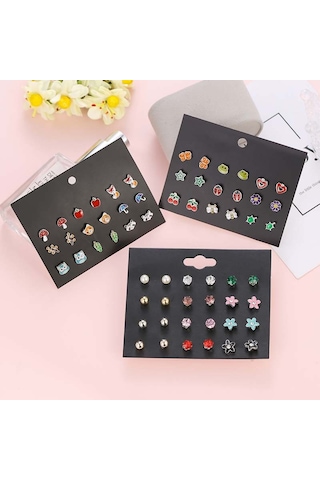 Chavin Çocuk Genç 30 Çift Mineli Figür Küpe Seti es93 Çok Renkli