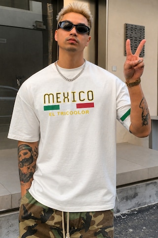 Tarz Cool Erkek Regular Baskılı Tişört Mexico Yazılı %100 Pamuk Rahat Kesim T-shirt Beyaz