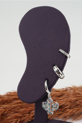 Kadın Kararmaz Altın Kaplama Kaktüs Figürlü 3'Lü Zirkon Set Küp Gümüş-M