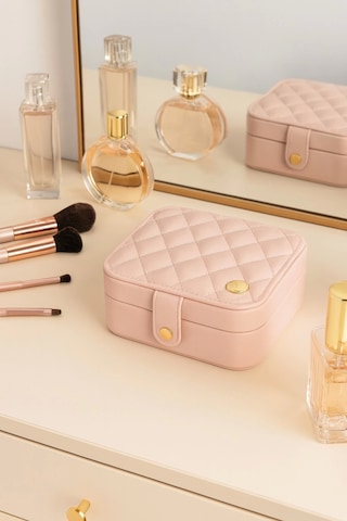 Deri Mini Baklava Desenli Seyahat Takı Bijuteri Mücevher Kutusu Organizer Düzenleyici 11,5cm Pembe İ