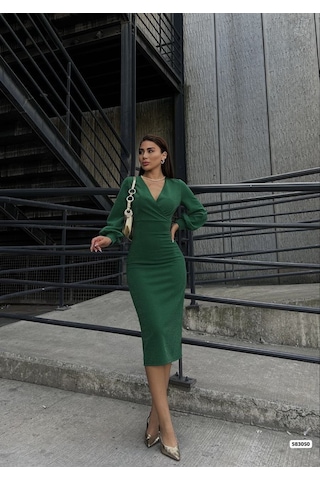 Kadın Kruvaze Yaka Balon Kol Simli Krep Kumaş Midi Boy Elbise Yeşil