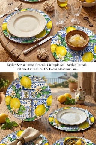 Sicilya Serisi Limon Desenli 4lü Supla Set 30 Cm Mdf Uv Baskı Çok Renkli