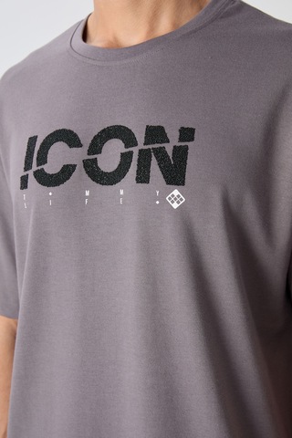 Tommy Life Koyu Gri Pamuklu Kalın Yumuşak Dokulu Oversize Fit Baskılı Erkek T-shirt - 88331 Koyu Gri