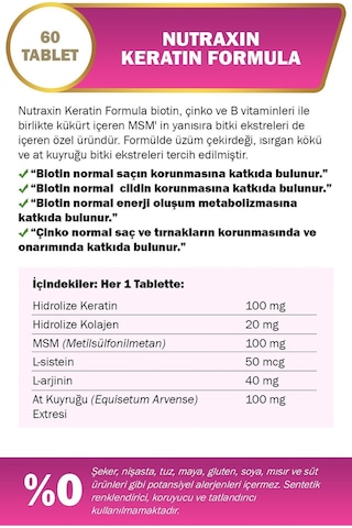 Keratin Formula Saç Bakım Vitamini - Kolajen,keratin,biotin,çinko,larginin,lsistein 60 Adet Tablet