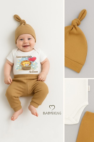 Babyden's Anneannesinin Aslanı Yazılı 3 Lü Bebek Takımı %100 Pamuk Çıtçıtlı Kısa Kollu Body, Fitilli Pantolon Ve Şapka Kahverengi