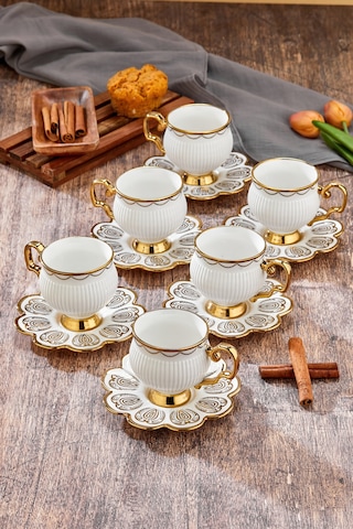 Cooker 220 Ml 6'lı Şık Tasarım Altın Yaldızlı Porselen Çay Fincan Takımı - Şık Kutulu Hediyelik Diğer