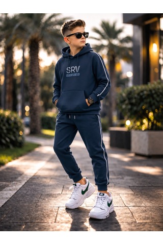Kokoş Bebe Srv Şerit Detaylı Kapüşonlu Erkek Çocuk Takım - 11/15 Yaş - 31902 Lacivert