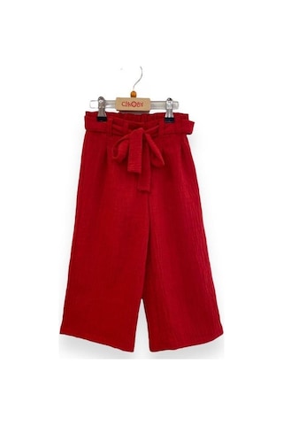 Çikoby Kız Çocuk Dokuma Bol Paça Pantolon-13767-kırmızı Kırmızı
