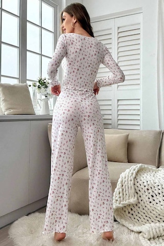 Merry See Çiçek Desenli Uzun Kollu Pijama Takımı Beyaz