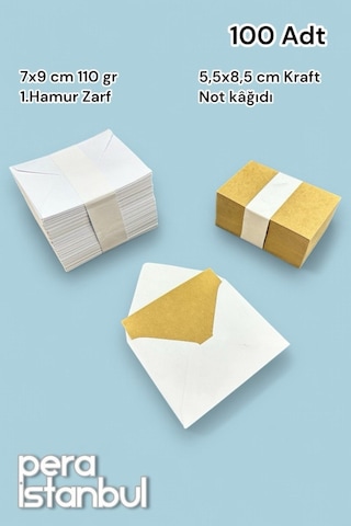 Pera İstanbul 100 Adet Mini Zarf 70mmx90mm Beyaz Zarf Hediye Doğum Günü Dilekleri Zarfı Kraft Not Kartlı