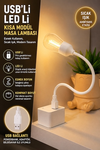 Esnek Usb'li Led Gece Lambası Çalışma Okuma Masa Lambası Powerbank Uyumlu Taşınabilir Ultra Hafif Beyaz