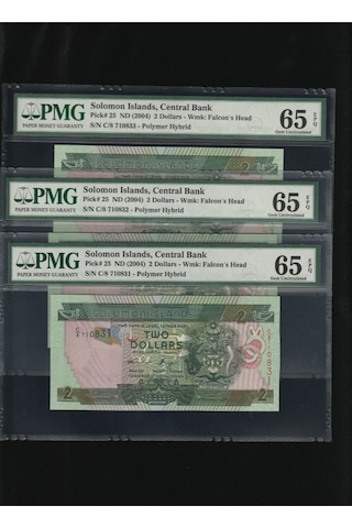 3 Adet Solomon İslands Adaları 2 Dollars Seri Takipli Polymer Hybrid Pmg 65 Epq Gem Unc Çil P25 Nd