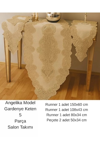 Angelika Model 236 Simli Gold 5 Parça Keten Dantelli Masa Örtüsü Runner Seti Çok Renkli