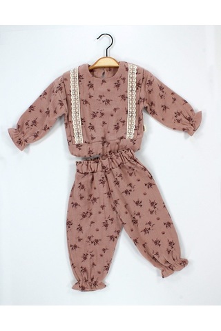 Babyhola Dantel Detaylı Çiçek Desenli Müslin Bayramlık Kız Bebek Takım Üst Ve Pantolon İkili Set 2009 Bordo