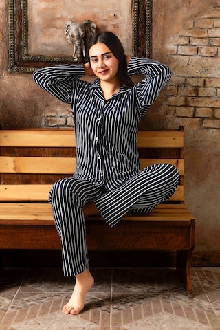 Lukitus Kadife Gömlek Yaka Kadın Pijama Takımı Siyah