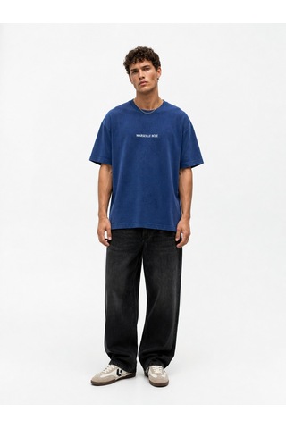 Respire Erkek Marseille Baskılı Yıkamalı Oversize T-shirt Lacivert