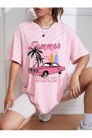 Flood Of Style Kadın Pembe Summer Racing Car Baskılı Oversize T-shirt