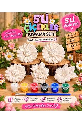 5'li Çiçek Boyama Seti Taş Figür Boyama Kiti 6 Renk Boya Fırça Boyama Rehberi Hobi Seti
