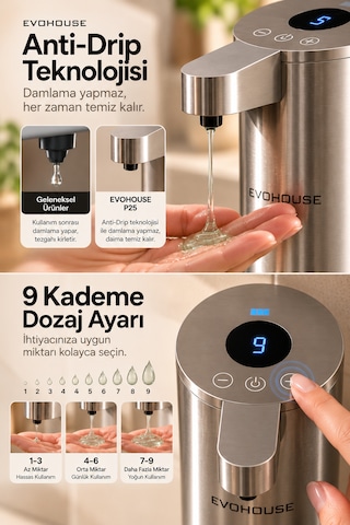 Otomatik Sensörlü Sıvı Sabun Dispenseri Paslanmaz Çelik Inox - P25 Model Gümüş