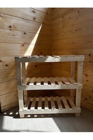 Nest Woodtr Doğal Ham Ahşap Üç Bölmeli Ayakkabılık Çok Amaçlı Raf Çiçek Standı Sehpa 80x60x25cm 1adet Ceviz
