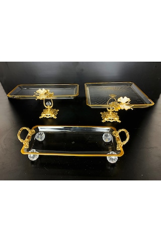 Alfafe Home 3 Parca Gold Yaldızlı Kristal Ayaklı Sunumluk Gold
