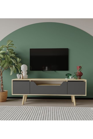Roma Ahşap Ayaklı Tv Ünitesi Tv Sehpası Safir Meşe - Antrasit 150 Cm