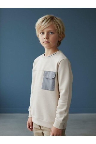 Zekids Erkek Çocuk Cep Detaylı Pamuklu İnce Sweatshirt-16650 Bej
