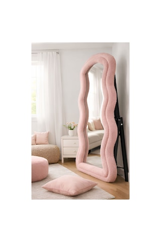 Melisa Serisi Ayaklı Kumaşlı Boy Aynası - Modern Dalgalı Tasarım Büyük Boy Ayna Pembe