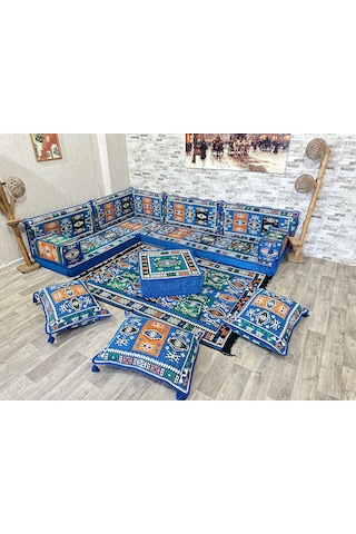 Coton Şark Köşesi Milas Desenli Köşe Takımı Mavi