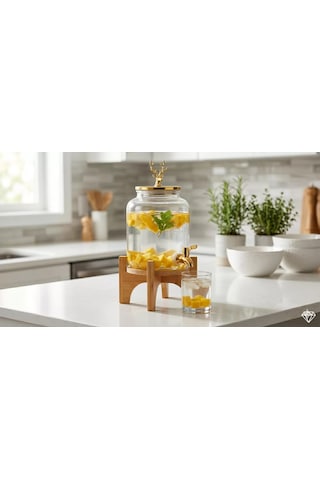 Geyik Figürlü Gold Lüks Cam İçecek Sebili - 3.6 Litre Bambu Standlı Meyve Suyu Kovası