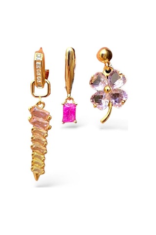 Pembe Taş Çiçek Detay Üçlü Çelik Küpe Altın