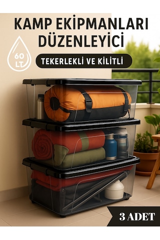 60 Lt Tekerlekli Saklama Kutusu 3'lü Set - Kilitli, Gıda Temasına Uygun, Şeffaf Depolama Kutusu Siyah