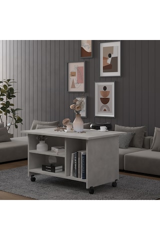 Asra Trend Orta Sehpa OS001 %100 MDF Tekerlekli İki Katlı Geniş Raf Takımı Retro Taş