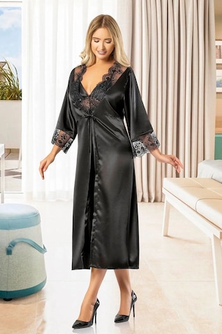 Faal 2608 Kadın Dantel Detaylı Saten İp Askılı Uzun Gecelik Sabahlık Takım-siyah Siyah