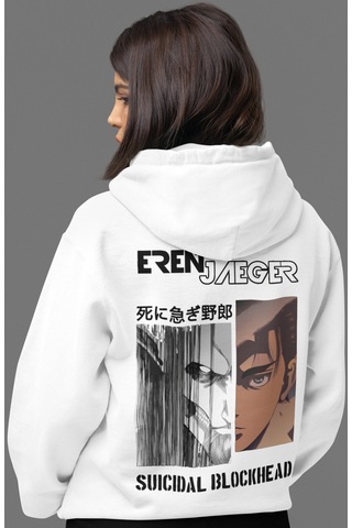 Sevbano Eren Jaeger Attack On Titan Suicidal Blockhead Anime Sırt Baskılı beyaz