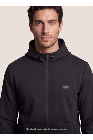 Dkny Dkfw26062-100 Logo Patch Hoodie Siyah Erkek Kapüşonlu Logo Baskılı Örme Sweatshirt