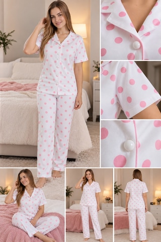 Üç Gül Ticaret Kadın Beyaz Pembe Puantiyeli Milan Kumaş Kısa Kollu Pijama Takımı Beyaz Beyaz