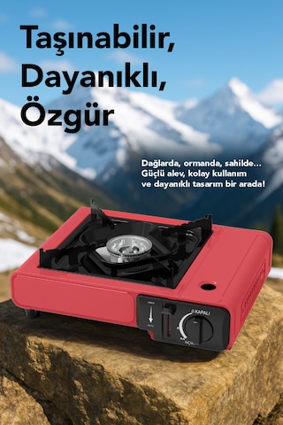 Portatif Kamp Ocağı - Taşıma Çantalı Gazlı Stop Emniyetli Kırmızı Kamp Ocağı Ve 3 Adet 227 Gr Kartuş Kırmızı