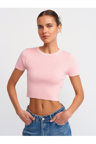 Dilvin Bisiklet Yaka Kısa Kol Crop Kazak 101a10357 Açık Pembe