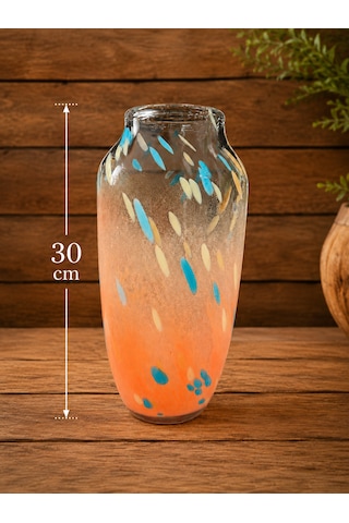 Cam Üfleme Tekniği Dekoratif Cam Vazo 30 Cm Turuncu Mavi Desenli Şık Salon Ve Masa Vazosu .