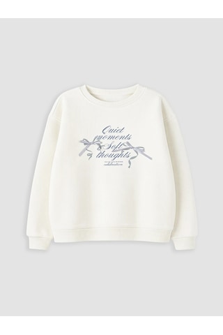Lc Waikiki Ekru Bisiklet Yaka Nakışlı Kız Çocuk Kalın Sweatshirt Ecru