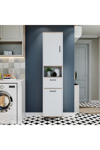 Çamaşır Sepetli Banyo Dolabı, Çok Amaçlı Dolap 45 X 200, Roomart Atlantik Çam - Beyaz