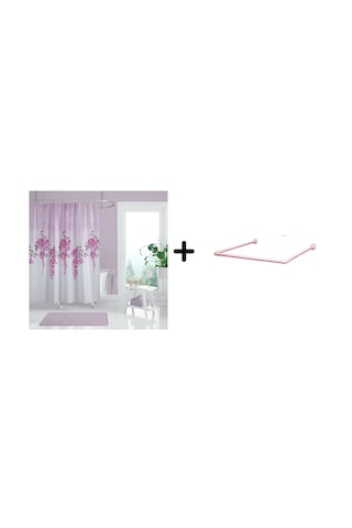 Banyo Perdesi 7359 1x180x200, Perde Borusu Askı Aparatı Köşe Boru Pembe Hediyeli, Duş Perdesi Seti Pembe