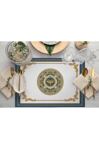 Mavi Barok Desen Kumaş Amerikan Servis 4'lü Set 35x50cm Keten, Ulusl. Yıkama Ve Solmama Sertifikası Çok Renkli