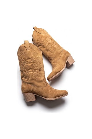 V.s.h Velvet Sara Kadın Western Basklılı Taba Kovboy Çizme -2555