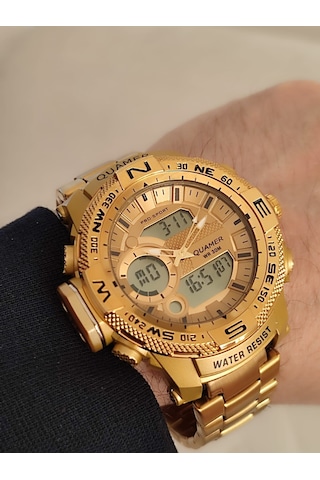 Quamer Erkek Kol Saati Analog Ve Digital Metal Sarı Kordonlu 2177 Sarı