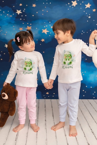 Pia Baby İsme Özel Erkek Çocuk 2 Adet Pijama Takımı %100 Pamuk Penye İsim Baskılı Kişiye Özel Kreş Pijaması Hediye Seti 20673m15pi Krem