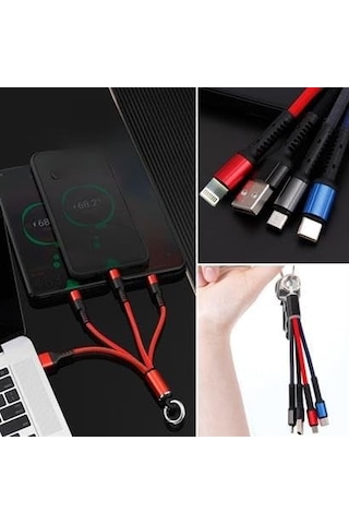 Işıklı Anahtarlık Model 3 İn 1 Usb Şarj Kablosu Mikro Type c Ve Apple Uyumlu iPhone 16cm